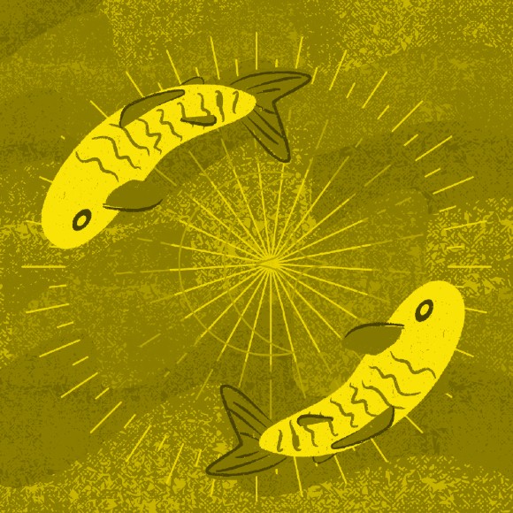 An illustraion of two fish circling each other agains a blue background