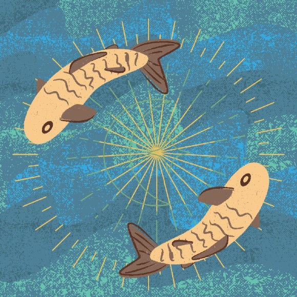 An illustraion of two fish circling each other agains a blue background