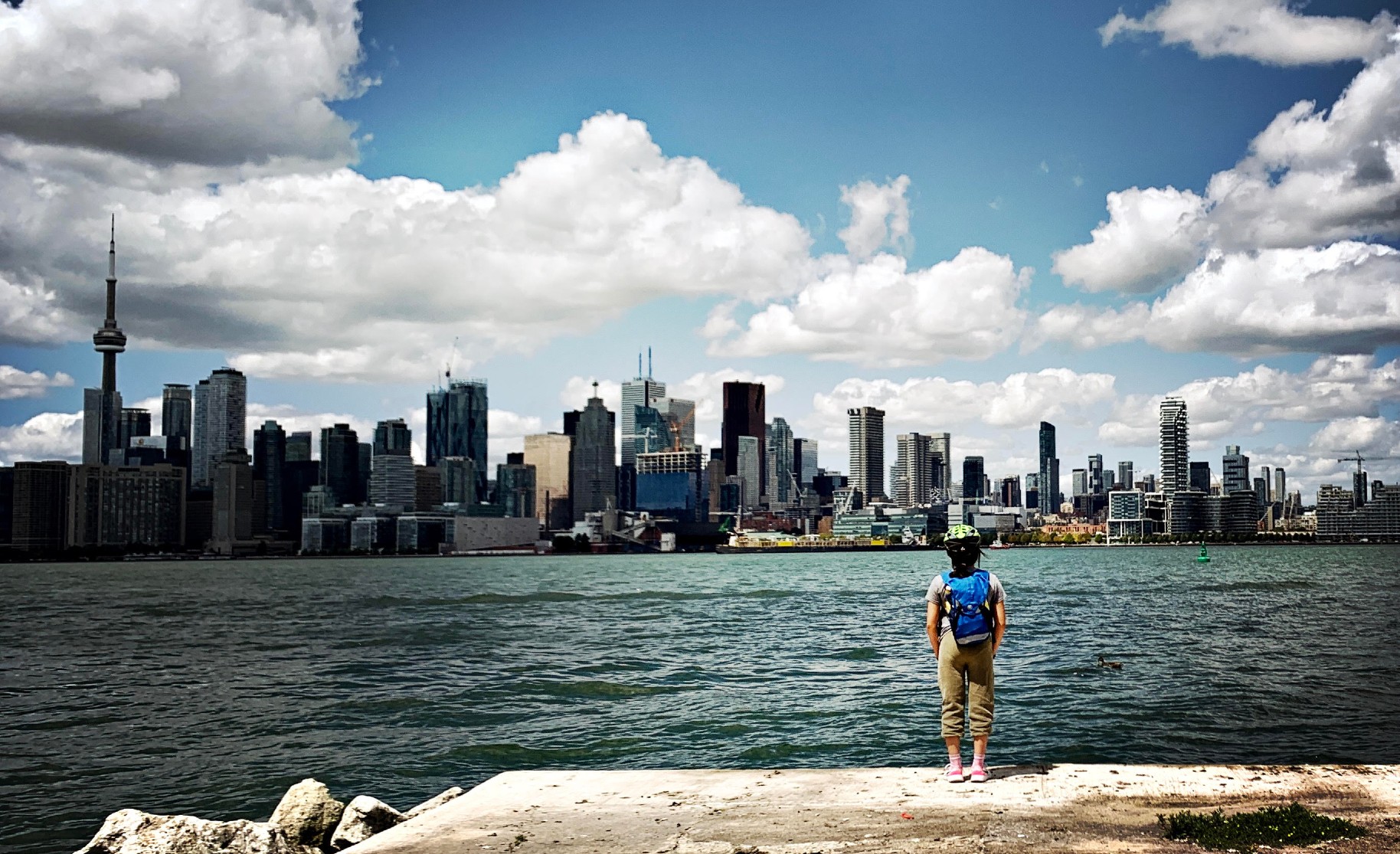 A child stands at the edge of a concrete slab looking across a small body of water towards a Toronto skyline full of many tall buildings