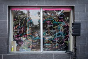 Chalk art on storefront window. Large text reads “what is a word for how this makes you feel?”. Rainbow rings surround the large text with smaller words, including: Happy , Light , Free, Alive, Proud, Thankful, Desire, Connected, Active, Curious, Seen