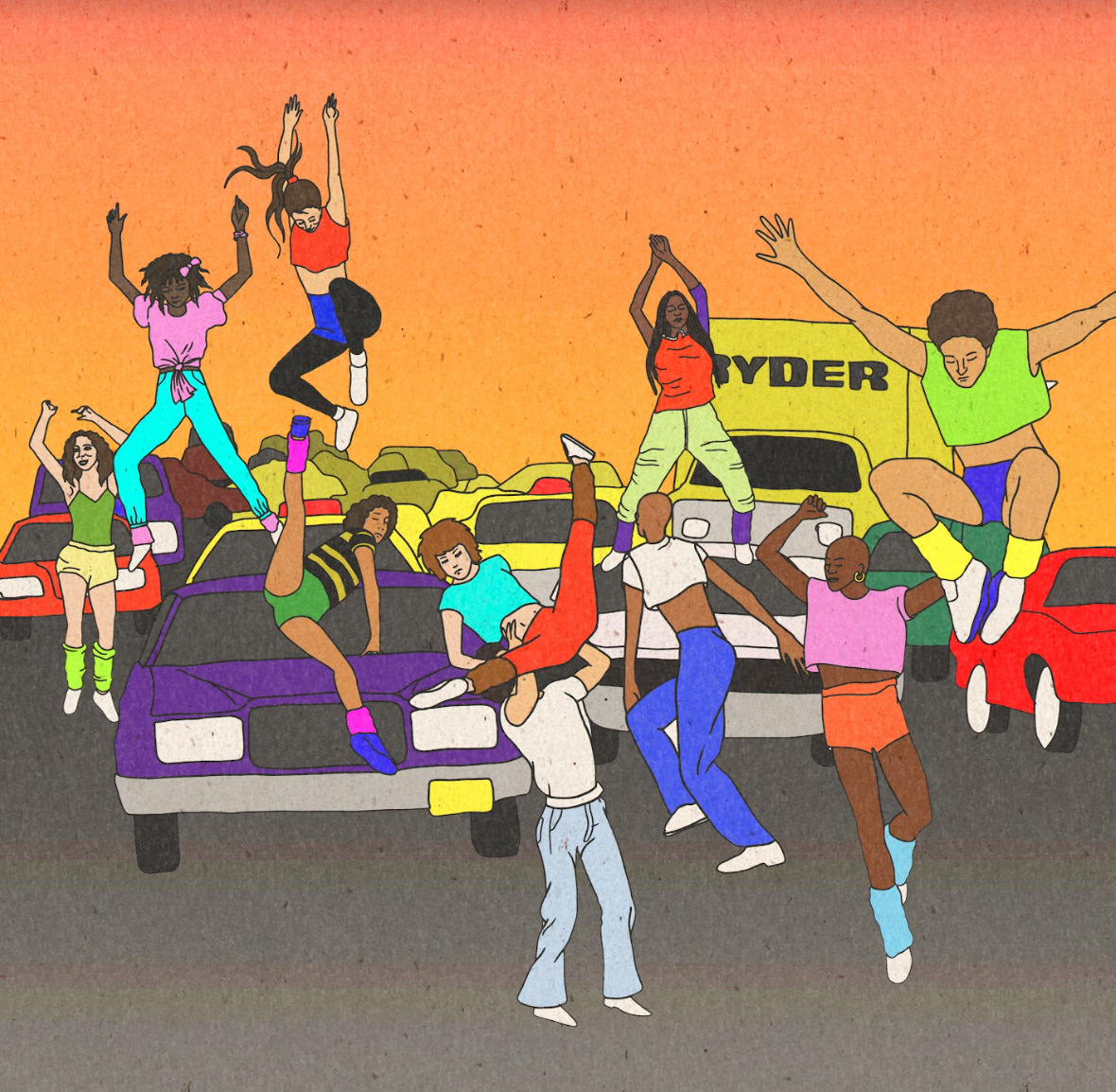 Illustration of a famous scene from the film Fame in which dancers go out into the streets and dance amongst the cars. This image points towards the idea of outdoor performances in unusual contexts.