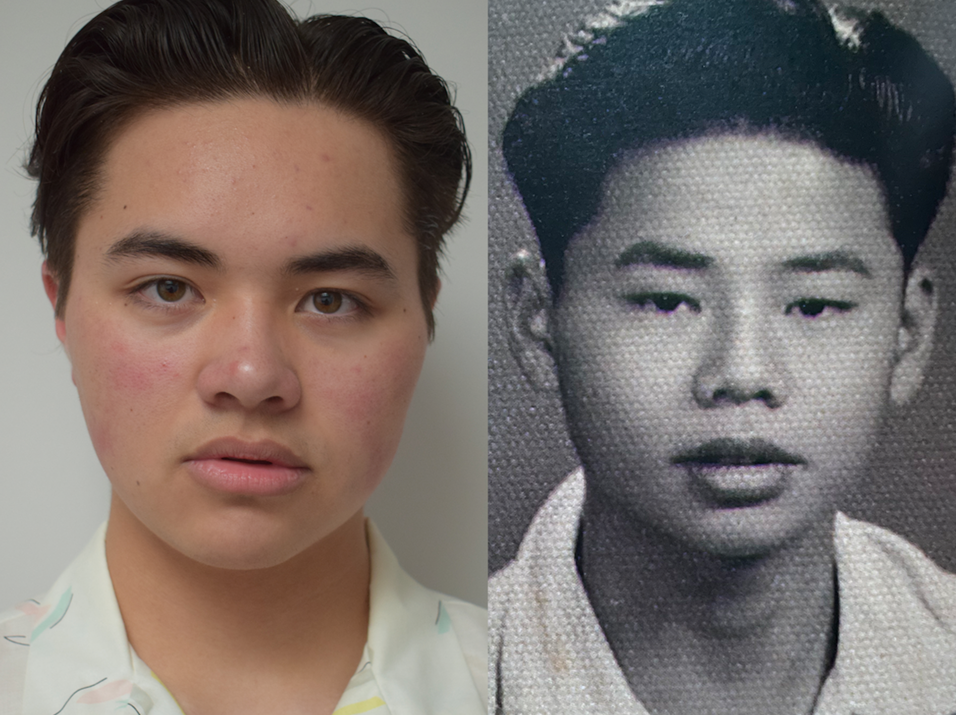 Two close-up portraits side-by-side. The one on the left is a colour image of a contemporary teenager. The one on the right is a black and white image of a teenager from the past. The contemporary teen is mixed race, White and Chinese, and the teen from the past is Chinese. The two look related. They are both wearing white collared shirts and the two people are making the same facial expression.