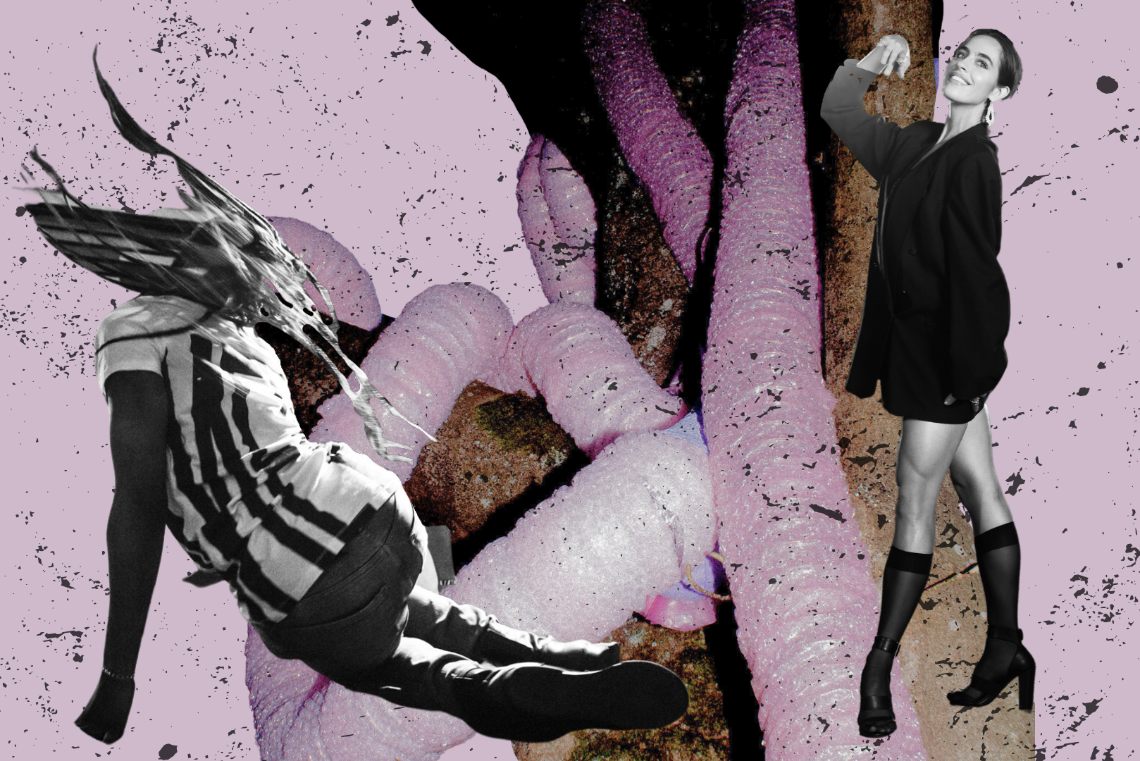 A collage image of the three Ballroom artists. Matthew “Snoopy” is on the ground whipping their long hair, Chéline stands smiling and posing with an arm raised, a tree is wrapped by pink fleshy worms in the background.