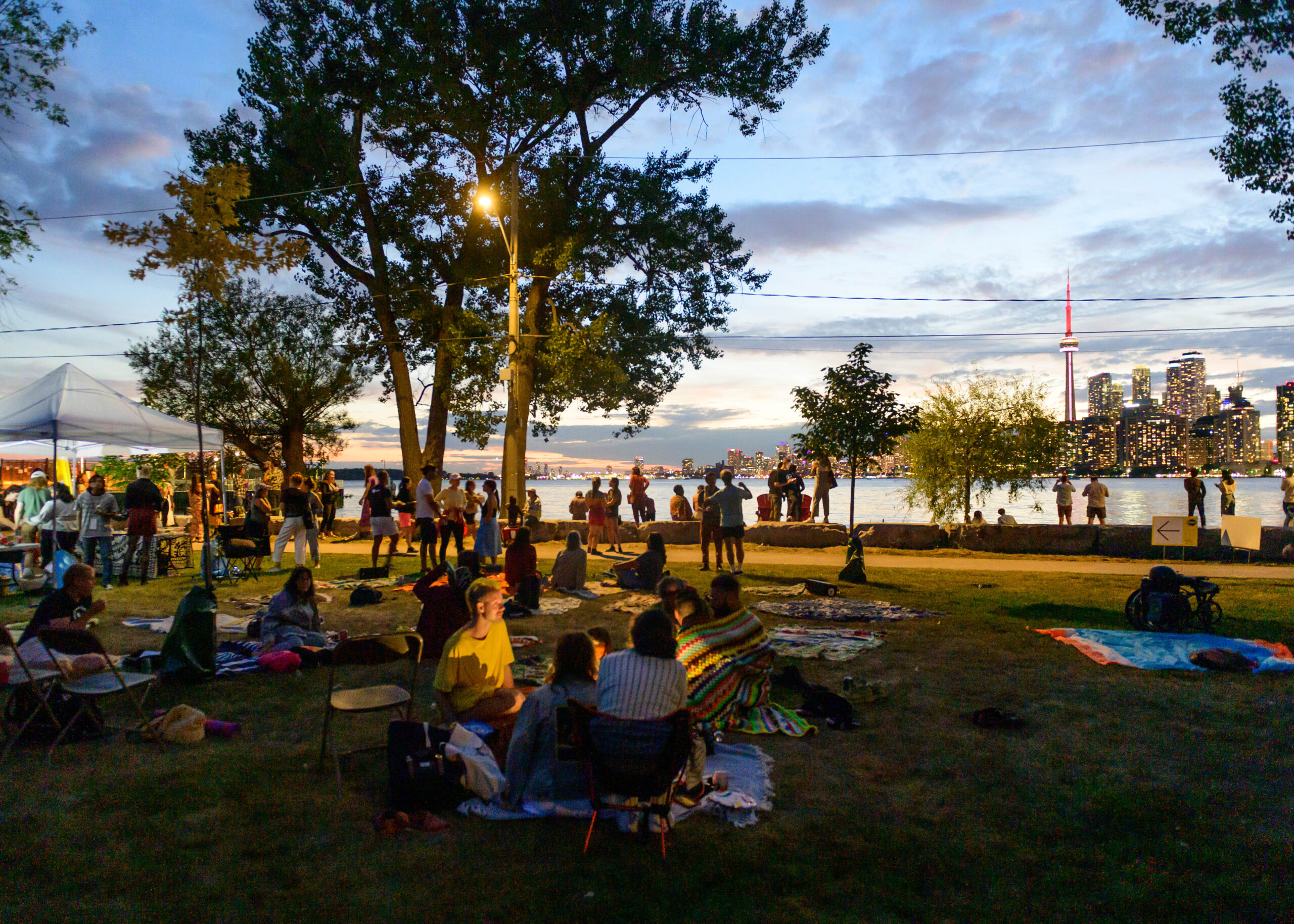 An outdoor gathering at sunset with people sitting on blankets on the grass by a large tree and the CN Tower in the distance.