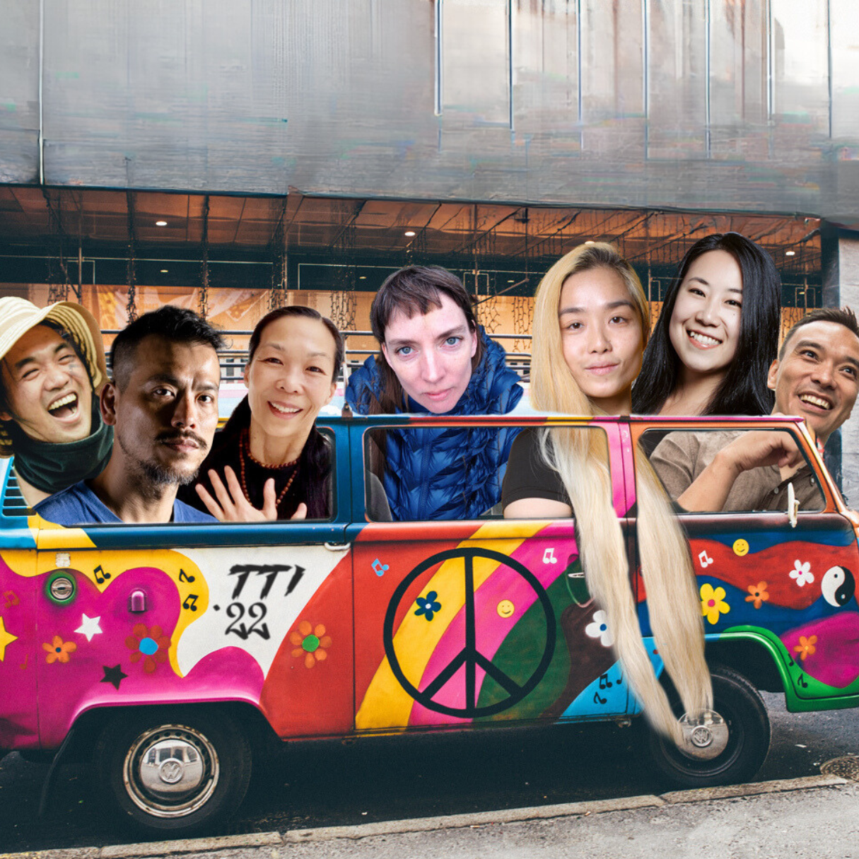 Seven artists ride in a colourful van with peace signs, rainbows and stars.