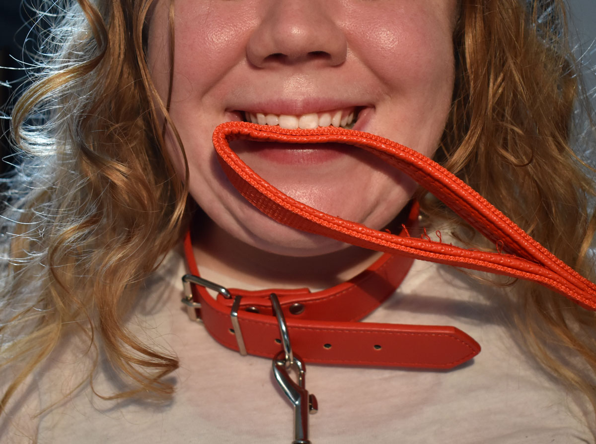 An extreme close up of pale, rosy cheeked person's nose, chin, and chest. They are wearing a loose red leather dog collar around their neck, holding the end of the leash between their teeth, and grinning.