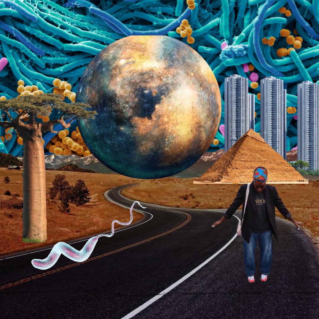 A collage of images; a long winding road, a huge planet, a set of apartment builds and a pyramid in the background. In the foreground there is a baobab tree, a glass jar, Aisha wearing dark baggy jeans, a black t-shirt that says London, and an African kufi on her head with a black blazer, looking down to the ground.