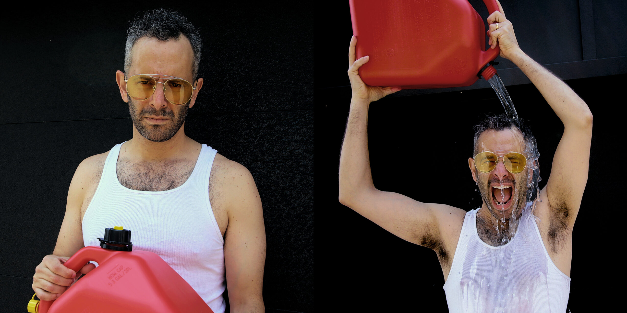 Two images beside each other of a handsome white man in an under shirt and yellow sunglasses holding a gas can and pouring gasoline on himself.