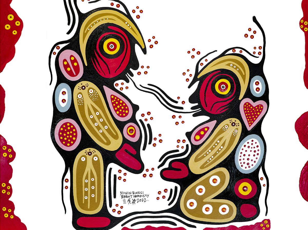 A painting by Brent Hardisty in the Anishinaabe Woodland style. A pregnant woman is standing, and power-lines show her speaking to a kneeling woman. Above them, an owl is flying. The painting is in shades of red, blue, black and brown on a white background.