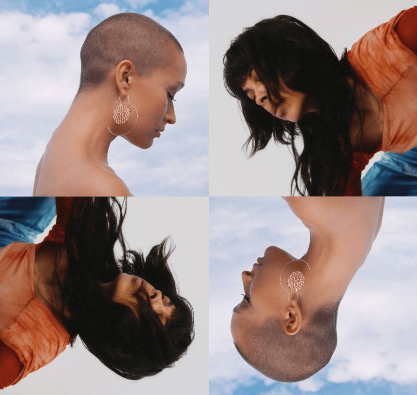 A four grid image of the two artists. Yarro, with short buzzed hair, bare shoulders and a large hooped earring with an ornate design, looks down in front of a background of clouds in a blue sky. Nyda, in an orange shirt with long black hair draping their face, leans forward in front of a light grey background. The two images are doubled below and upside down.