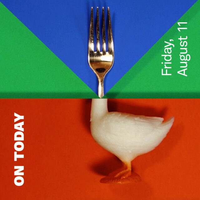 Half of a blue triangle and half of a red square meet together in front of a green background. The top of a fork appears in the triangle, and the bottom half of a toy goose appears in the square. Both objects match together. The words "On Today" and "Friday, August 11" appear in white text.