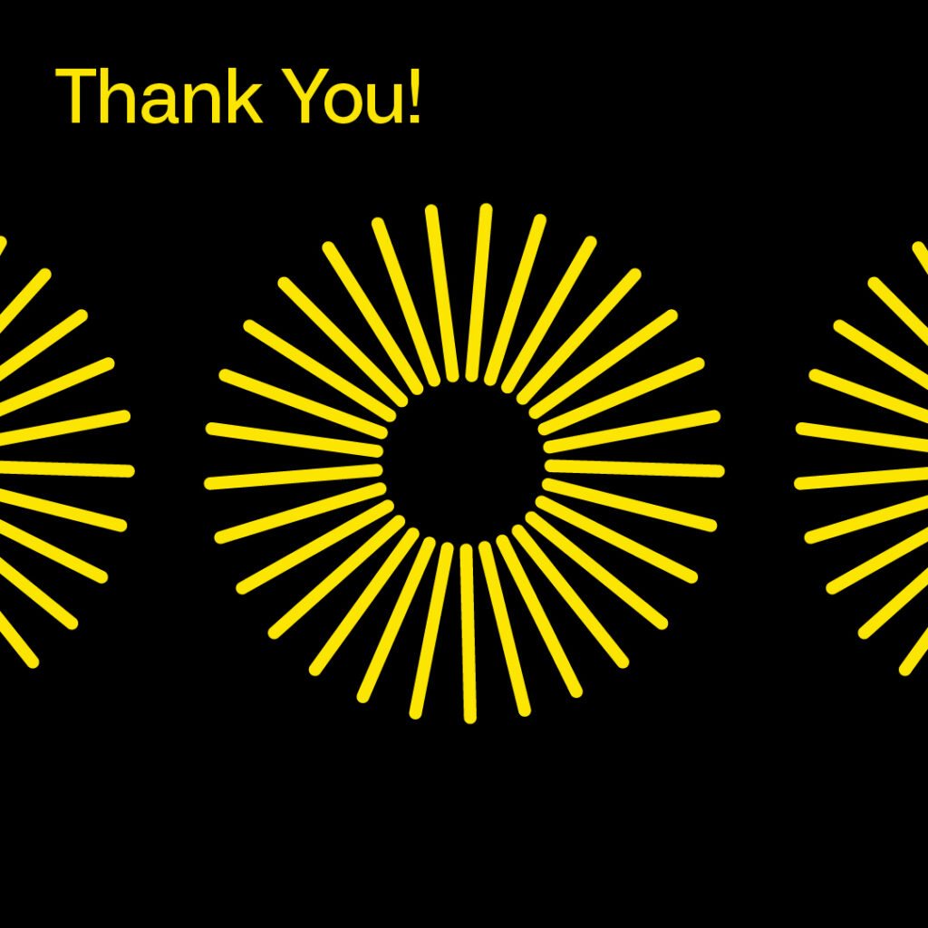 Yellow text on a black background reads 'Thank you!' with yellow sunburst circles
