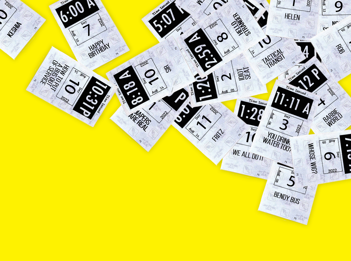 An image of a bunch of TTC transfers with words and phrases instead of subway station names. The transfers are lying face-up and look like they've been thrown on the ground in a messy spread out pile. The background is bright yellow .