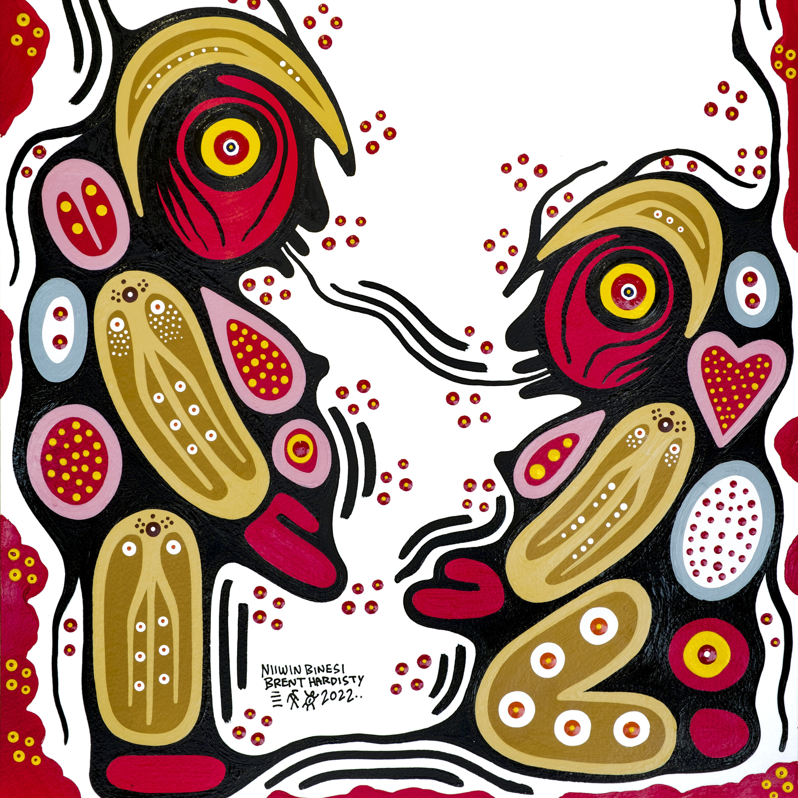 A painting by Brent Hardisty in the Anishinaabe Woodland style. A pregnant woman is standing, and power-lines show her speaking to a kneeling woman. Above them, an owl is flying. The painting is in shades of red, blue, black and brown on a white background.