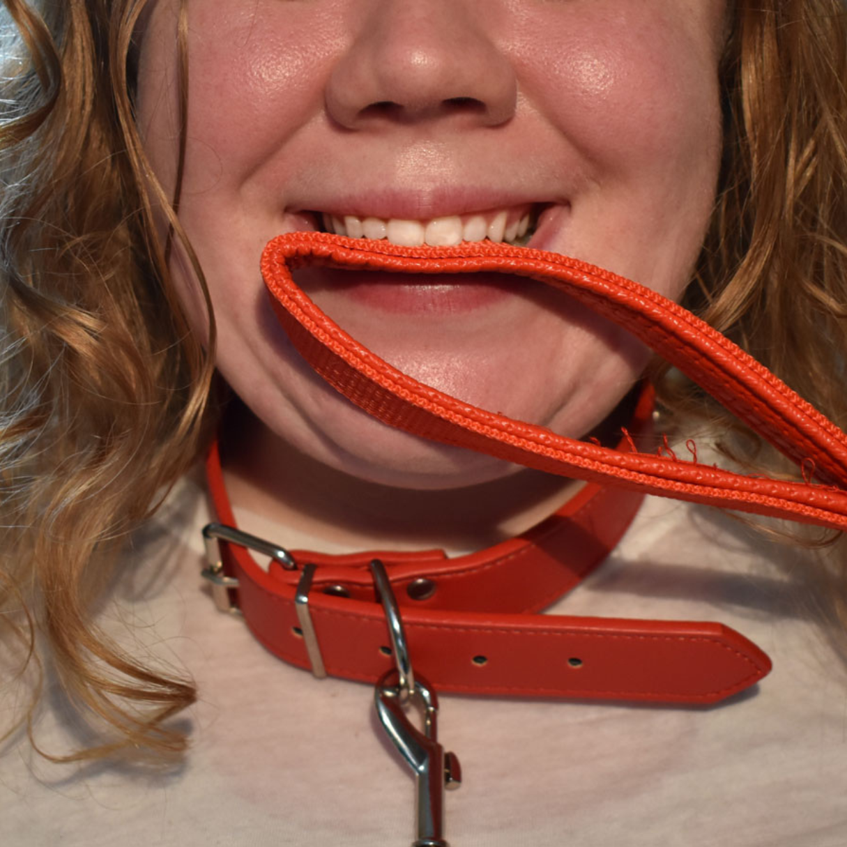An extreme close up of pale, rosy cheeked person's nose, chin, and chest. They are wearing a loose red leather dog collar around their neck, holding the end of the leash between their teeth, and grinning.
