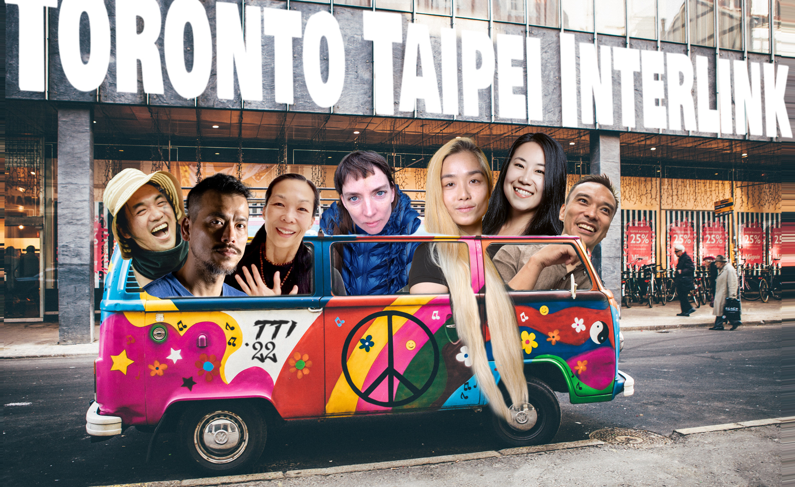 Seven artists ride in a colourful van with peace signs, rainbows and stars. The words 'Toronto Taipei Interlink' appear on the building behind them.