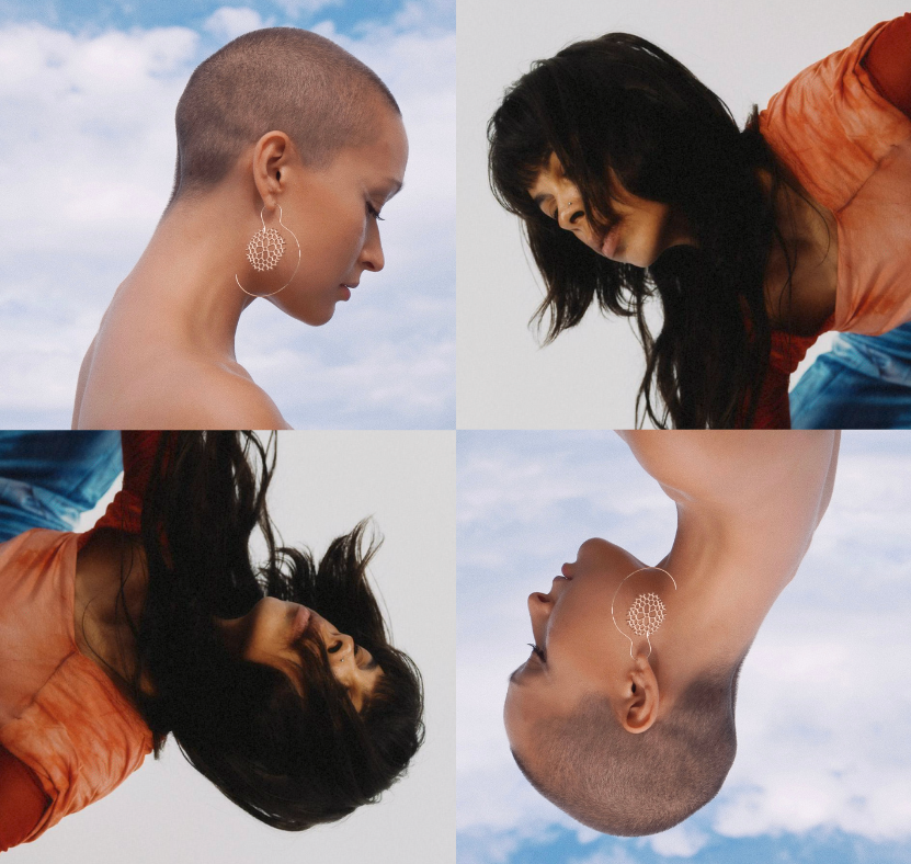 A four grid image of the two artists. Yarro, with short buzzed hair, bare shoulders and a large hooped earring with an ornate design, looks down in front of a background of clouds in a blue sky. Nyda, in an orange shirt with long black hair draping their face, leans forward in front of a light grey background. The two images are doubled below and upside down.