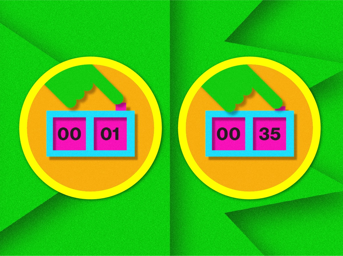 A clock reading 00 01 and 00 35 is situated in two yellow circles against a bright green background